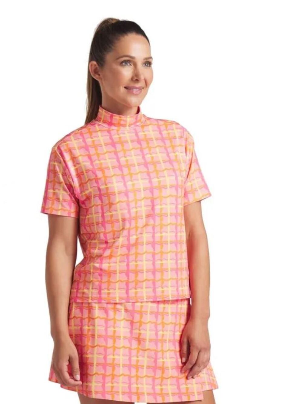 PUMA x Dani Dazey CLOUDSPUN Golf Mock Neck Top Womens Size Medium Pink Plaid NWT